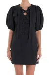 English Factory Lace-up Front Puff Sleeve Linen Blend Minidress In Black