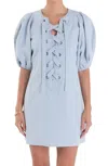 English Factory Lace-up Front Puff Sleeve Linen Blend Minidress In Blue