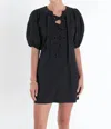 English Factory Lace-up Front Puff Sleeve Linen Blend Minidress In Black