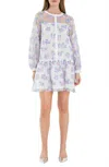 English Factory Floral Button Front Long Sleeve Organza Minidress In Blue