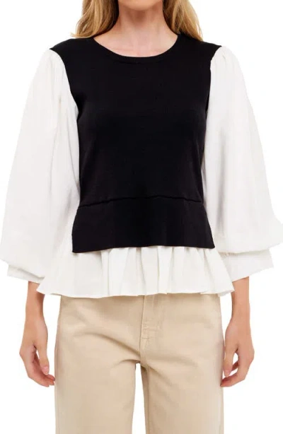 English Factory Layered Mixed Media Top In Black/white