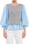 English Factory Layered Mixed Media Top In Heather Grey/blue