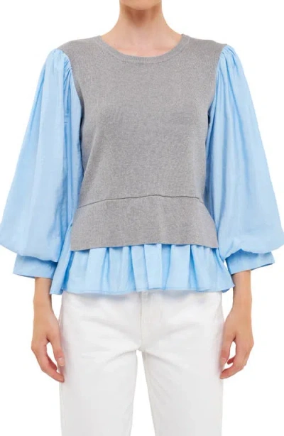 English Factory Layered Mixed Media Top In Heather Grey/blue