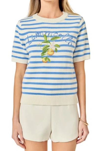 English Factory Lemoncello Stripe Short Sleeve Cotton Sweater In Blue