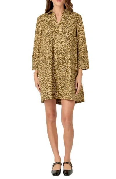 English Factory Leopard Collar Long Sleeve Shift Dress In Brown