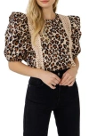 English Factory Leopard Print Ruffle Shoulder Cotton Top In Tan Multi