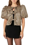 English Factory Leopard Print Tie Front Puff Sleeve Top In Brown