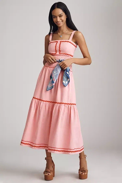 English Factory Linen Cotton Ric Rac Midi Dress In Multicolor