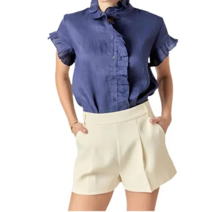 English Factory Linen Ruffle Blouse In Navy In Blue