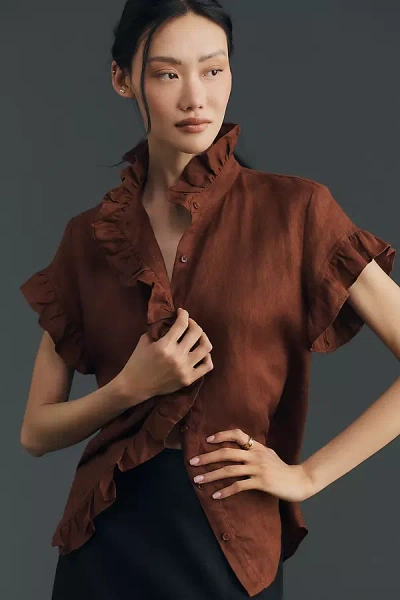 English Factory Linen Ruffle Shirt Top In Brown