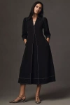 English Factory Long-sleeve Collared Center-pleat A-line Midi Dress In Black