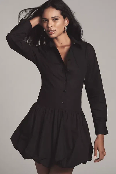 English Factory Long-sleeve Collared Mini Shirt Dress In Black