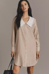 English Factory Long-sleeve Collared Mini Shirt Dress In Neutral