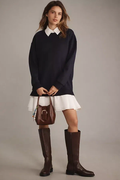 English Factory Long-sleeve Collared Twofer Mini Dress In Blue