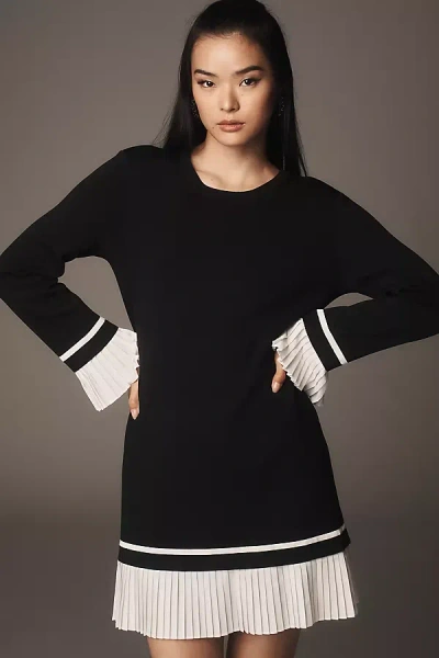English Factory Mixed Media Long Sleeve Minidress In Black