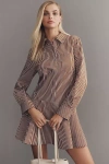 English Factory Long-sleeve Drop-waist Mini Shirt Dress In Brown