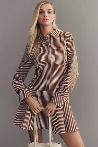 English Factory Long-sleeve Drop-waist Mini Shirt Dress In Brown