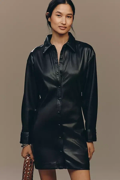 English Factory Long-sleeve Faux Leather Mini Shirt Dress In Black