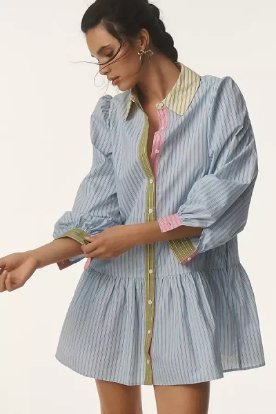 English Factory Long-sleeve Mini Shirt Dress In Blue