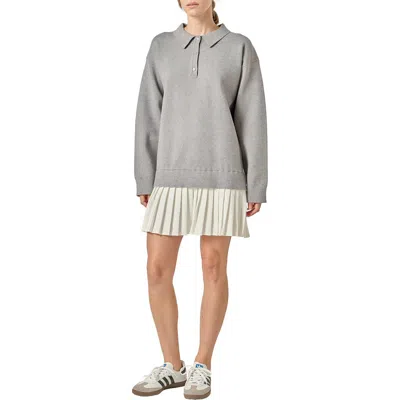 English Factory Long Sleeve Mixed Media Polo Minidress In Gray