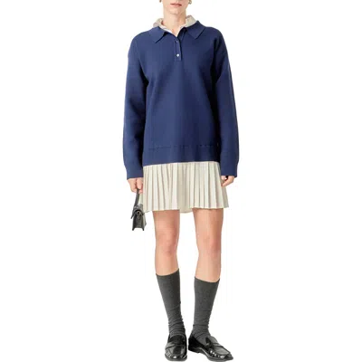 English Factory Long Sleeve Mixed Media Polo Minidress In Multi