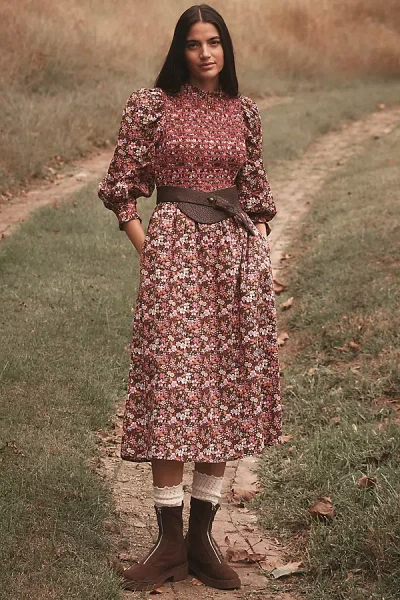 English Factory Long-sleeve Mock-neck A-line Midi Dress In Multi