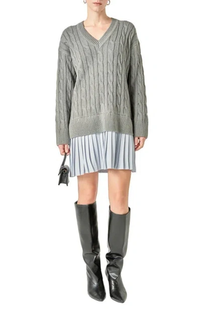 English Factory Long Sleeve Pleated Mixed Media Sweater Dress In Gray