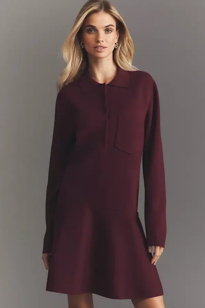 English Factory Long-sleeve Polo Mini Dress In Burgundy