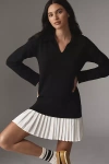 English Factory Long-sleeve Polo Pleated Twofer Mini Dress In Black