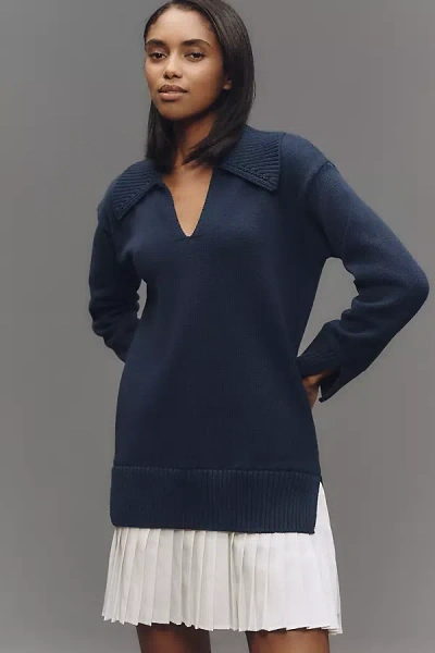 English Factory Long-sleeve Polo Pleated Twofer Mini Dress In Blue
