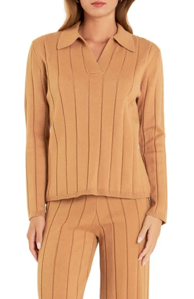 English Factory Long Sleeve Rib Knit Top In Camel