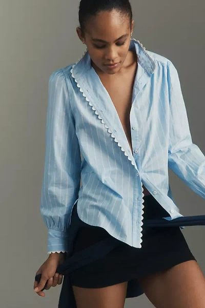 English Factory Long-sleeve Scallop-trim Blouse In Blue