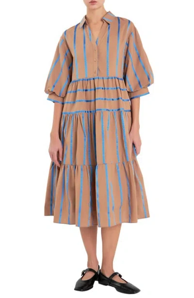 English Factory Loose Fit Stripe Tiered Midi Dress In Brown Multi