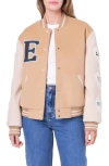 English Factory Love Varsity Jacket In Tan Multi