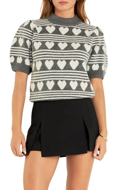 English Factory Lovin You Short Sleeve Sweater In Charcoal/white