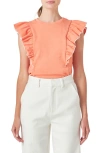 English Factory Merrow Ruffle Top In Coral Peach/ White