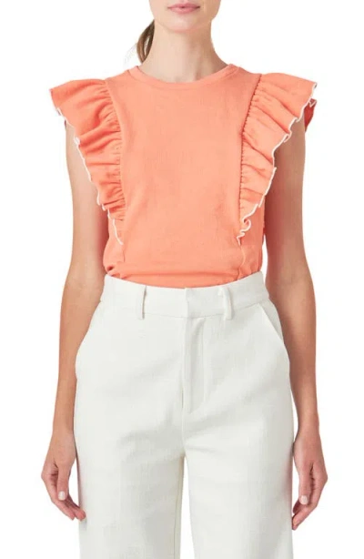 English Factory Merrow Ruffle Top In Coral Peach/ White