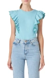 English Factory Merrow Ruffle Top In Powder Blue/ Green