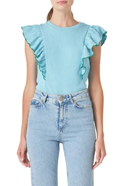 English Factory Merrow Ruffle Top In Powder Blue/ Green