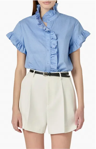 English Factory Microprint Ruffle Detail Cotton Button-up Shirt In Blue