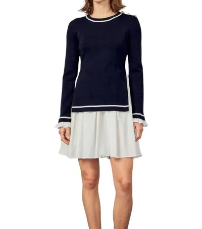 English Factory Mix Media Button Pointed Dress In Navy