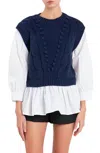 ENGLISH FACTORY MIX MEDIA CABLE SWEATER IN NAVY/WHITE
