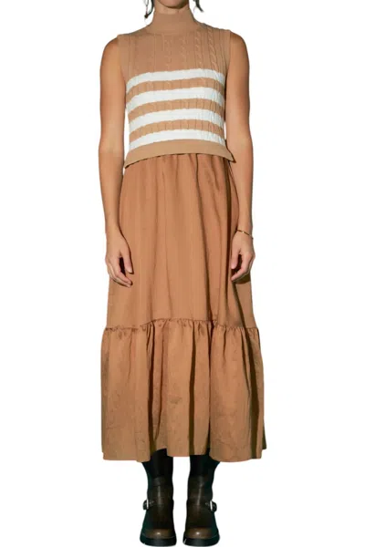 English Factory Mix Media Dress In Camel/white In Multi
