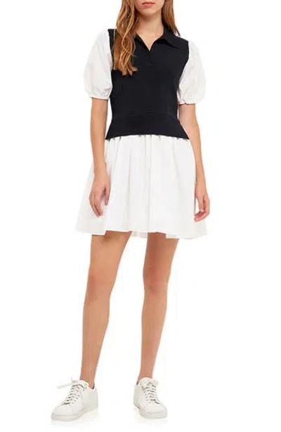 English Factory Mix Media Fit & Flare Dress In Black/ivory