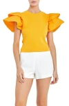 English Factory Mix Media Ruffle Sleeve Cotton Rib Top In Orange