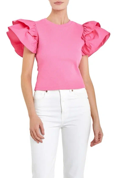English Factory Mix Media Ruffle Sleeve Cotton Rib Top In Pink