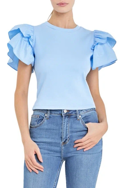 English Factory Mix Media Ruffle Sleeve Cotton Rib Top In Powder Blue