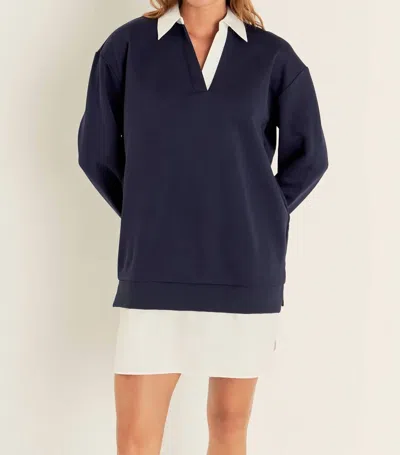 English Factory Mixed Fabric Collared Dress In Navy In Navy/white