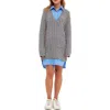 English Factory Mixed Media Cable Stitch Long Sleeve Sweater Dress In Grey/oxford Blue