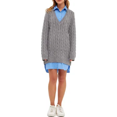 English Factory Mixed Media Cable Stitch Long Sleeve Sweater Dress In Grey/oxford Blue